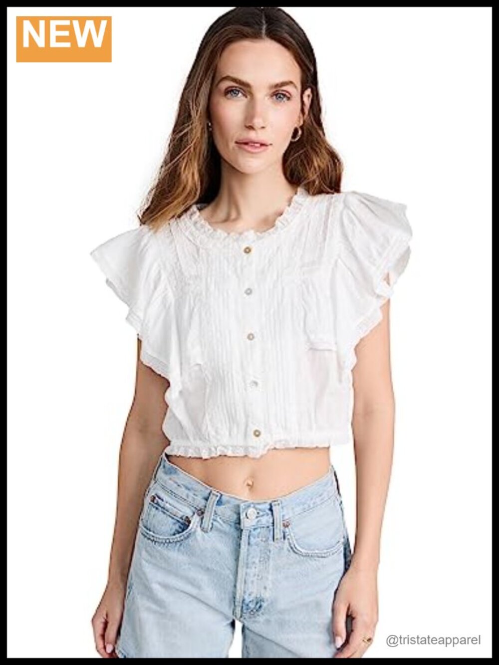 LoveShackFancy Cotton Voile Crop Top Flutter Sleeve Lace Trim